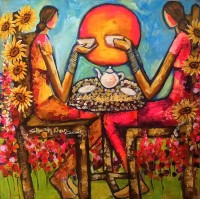 Shazly Khan, Lovely Cup of Tea with My Best Friend, 24 x 24 Inch, Acrylic on Canvas, Figurative Paintings, AC-SZK-072